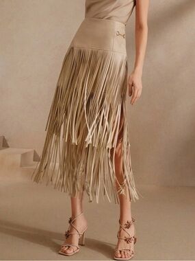 Fringe Midi Skirt in Beige faux leather.  NWT